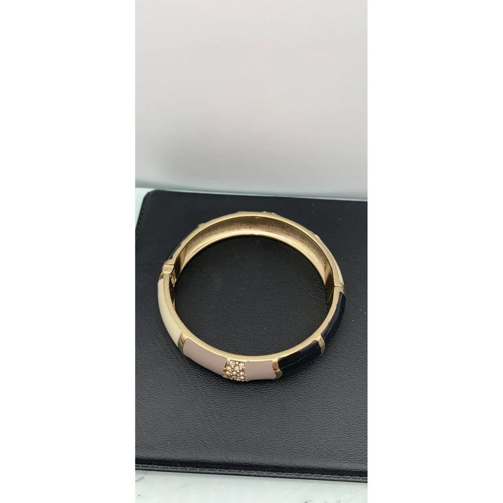 Gold Tone & black, cream & gray Enamel Rhinestone Bangle Hinged Clamper Bracelet